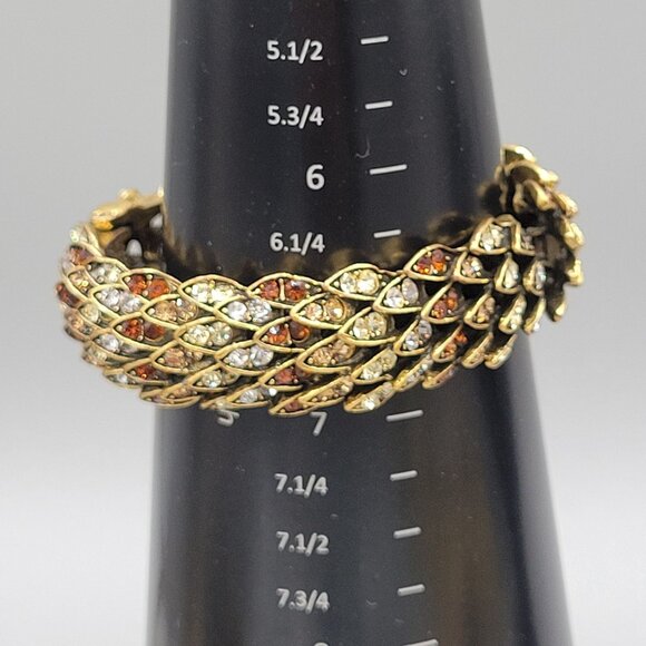 Rhinestone Feather Hinged Bangle Bracelet Clamper Tan White Gold Tone Metal - Picture 6 of 9